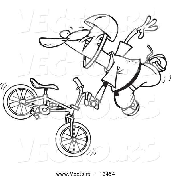 Vector of a Cartoon Extreme Bmx Biker Doing a Trick - Coloring Page Outline