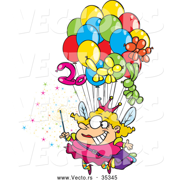 Vector of a Cartoon Fairy Floating up with Lots of Balloons