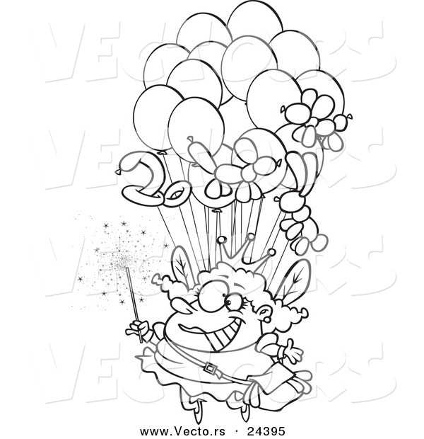 Vector of a Cartoon Fairy Floating with Balloons - Outlined Coloring Page