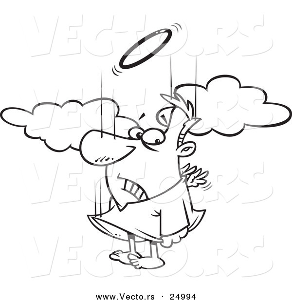 Vector of a Cartoon Falling Male Angel Trying to Flap His Tiny Wings to Gain Altitude - Outlined Coloring Page