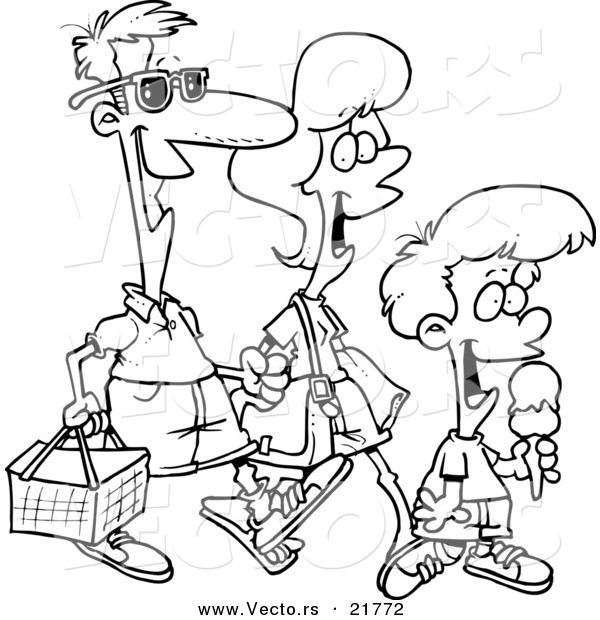 Vector of a Cartoon Family Going on a Picnic - Outlined Coloring Page