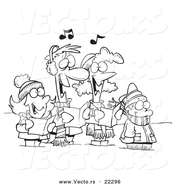 Vector of a Cartoon Family Singing Christmas Carols - Coloring Page Outline