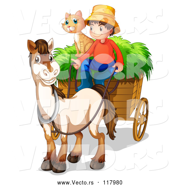 Vector of a Cartoon Farmer Boy with House Cat and a Horse Cart