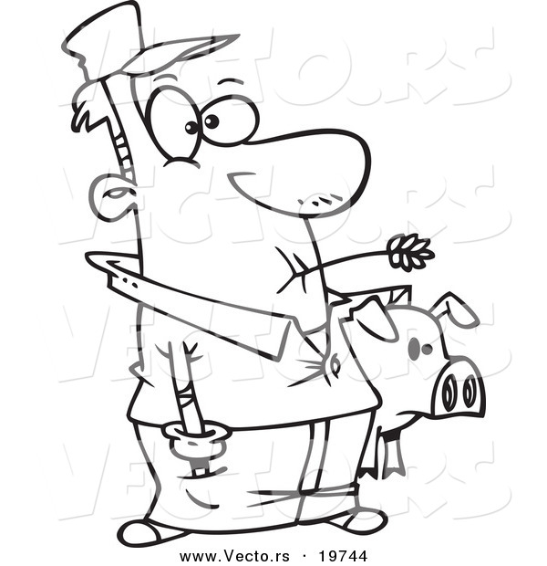 Vector of a Cartoon Farmer Holding His Pig - Outlined Coloring Page