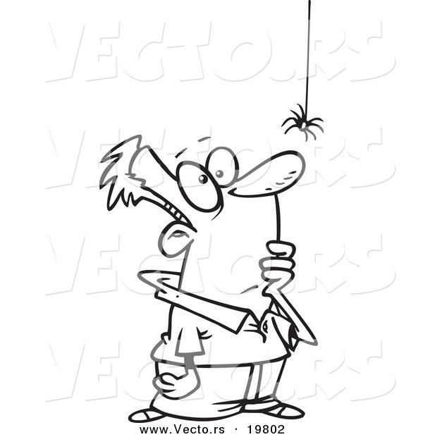Vector of a Cartoon Fascinated Man Watching a Spider - Outlined Coloring Page