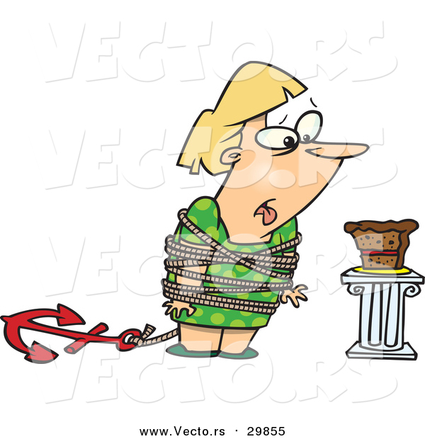 Vector of a Cartoon Fat Blond White Woman Tied up Next to Cake