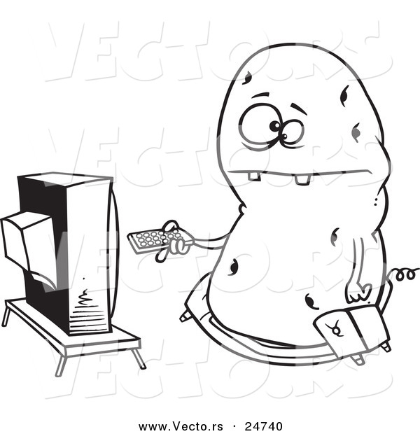 Vector of a Cartoon Fat Couch Potato Flipping Through Channels on the Tv - Outlined Coloring Page