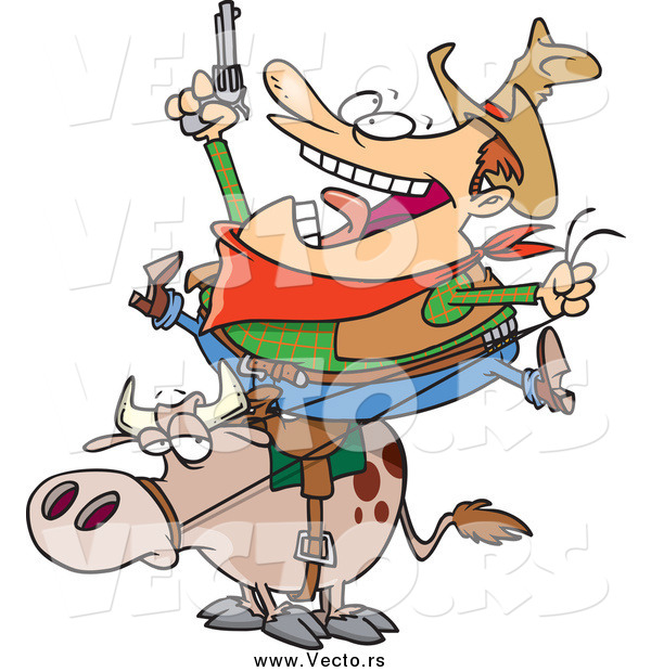 Vector of a Cartoon Fat Cowboy Holding a Pistol on a Bull
