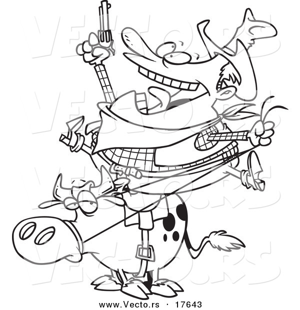Vector of a Cartoon Fat Cowboy on a Bull - Coloring Page Outline