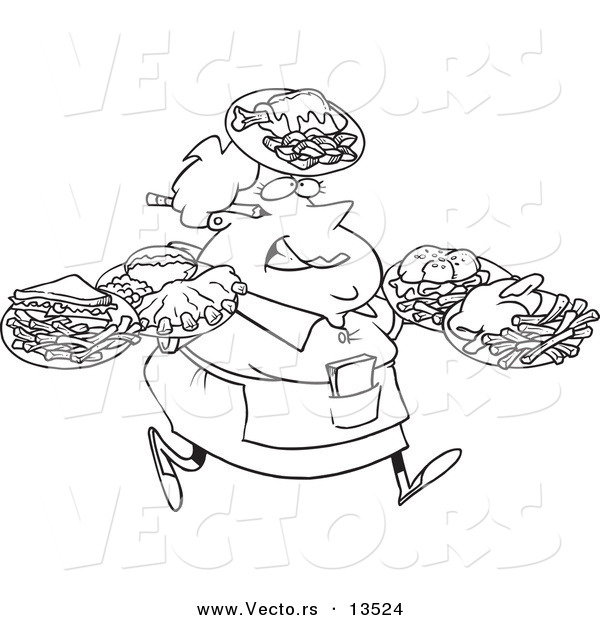 Vector of a Cartoon Fat Female Waitress Carrying Many Plates - Coloring Page Outline
