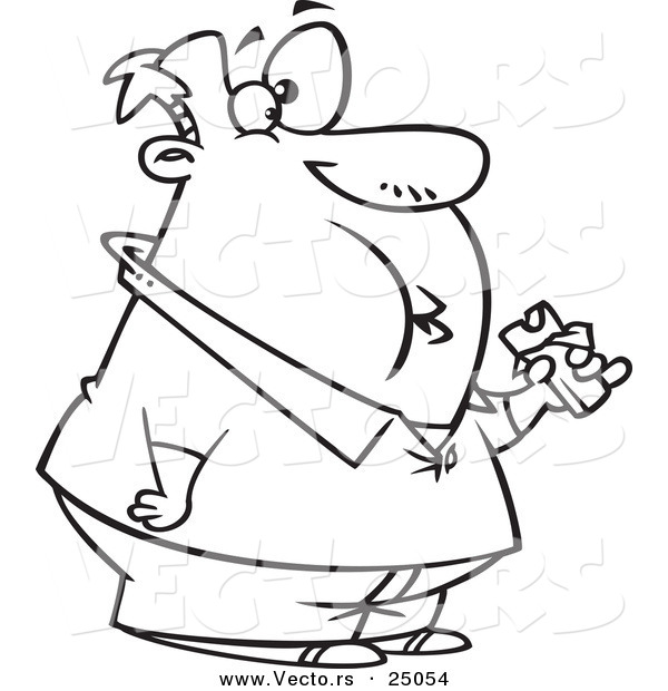 Vector of a Cartoon Fat Man Eating a Chocolate Candy Bar - Outlined Coloring Page