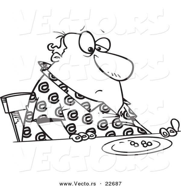Vector of a Cartoon Fat Man Eating Peas - Coloring Page Outline