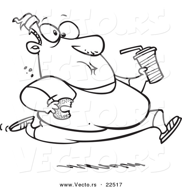 Vector of a Cartoon Fat Man Running and Eating Junk Food - Coloring Page Outline