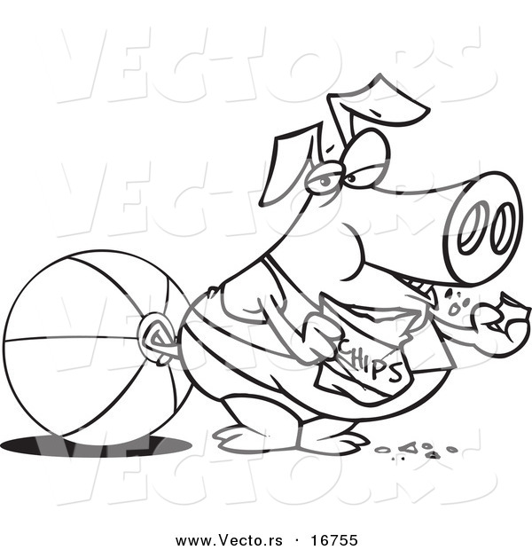 Vector of a Cartoon Fat Pig Eating Chips on a Beach - Coloring Page Outline