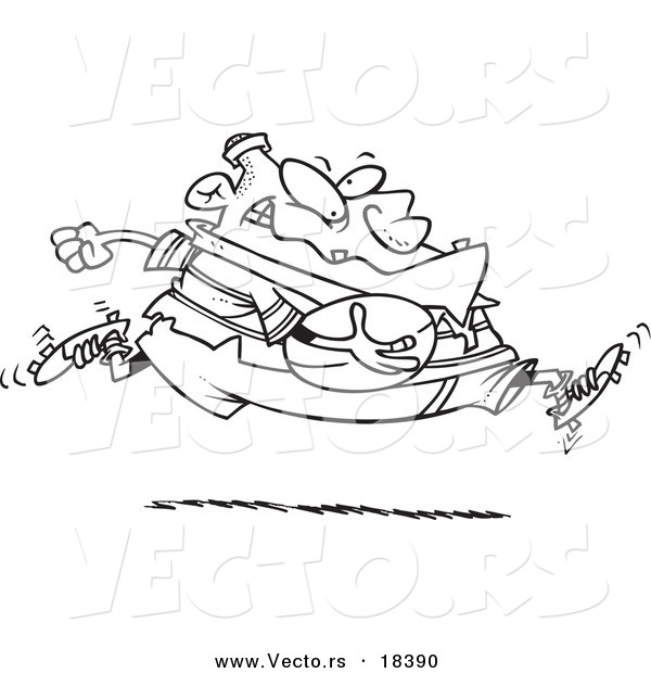 Vector of a Cartoon Fat Rugby Football Player Running - Outlined Coloring Page