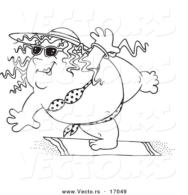 Vector of a Cartoon Fat Woman Doing Yoga in Her Bikini - Coloring Page Outline