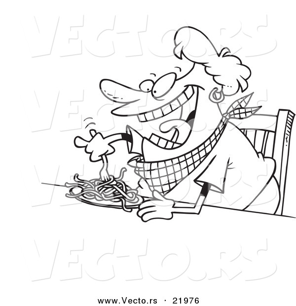Vector of a Cartoon Fat Woman Eating Spaghetti - Outlined Coloring Page