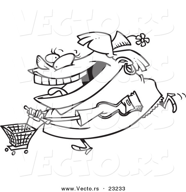 Vector of a Cartoon Fat Woman Shopping - Coloring Page Outline