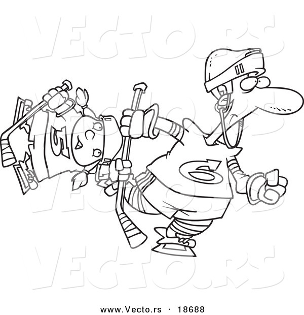Vector of a Cartoon Father and Daughter Playing Hockey - Outlined Coloring Page
