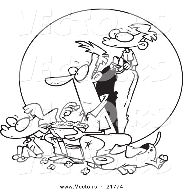 Vector of a Cartoon Father and Kids Watching a Movie - Outlined Coloring Page