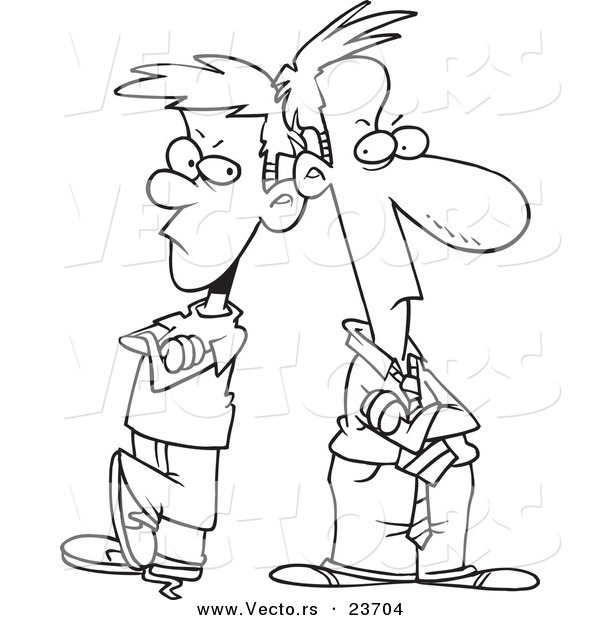 Vector of a Cartoon Father and Son Having a Stand off - Coloring Page Outline