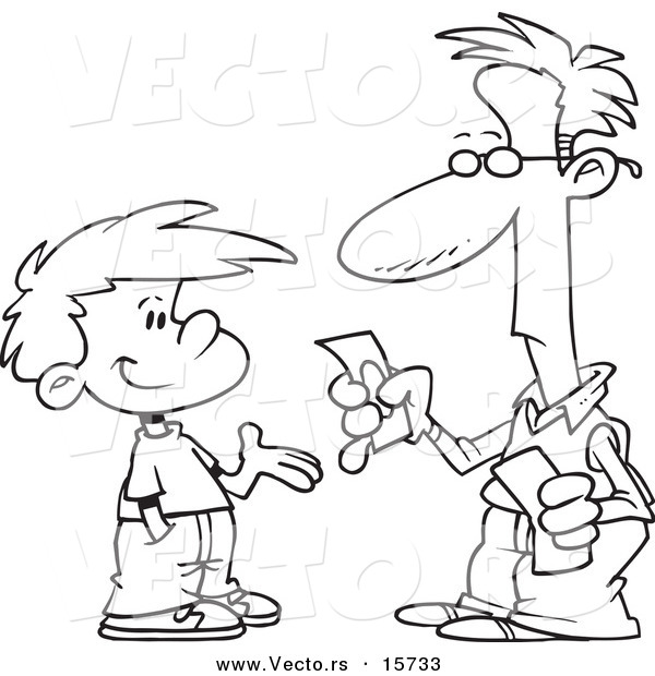 Vector of a Cartoon Father Paying His Son Allowance - Coloring Page Outline
