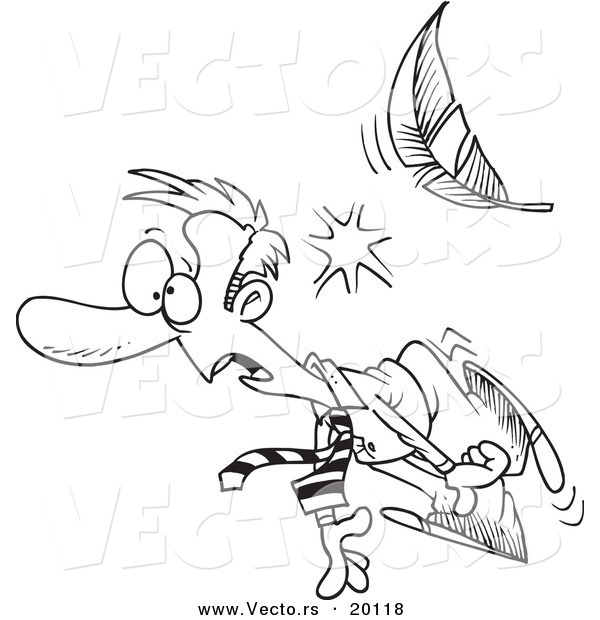 Vector of a Cartoon Feather Knocking out a Businessman - Outlined Coloring Page