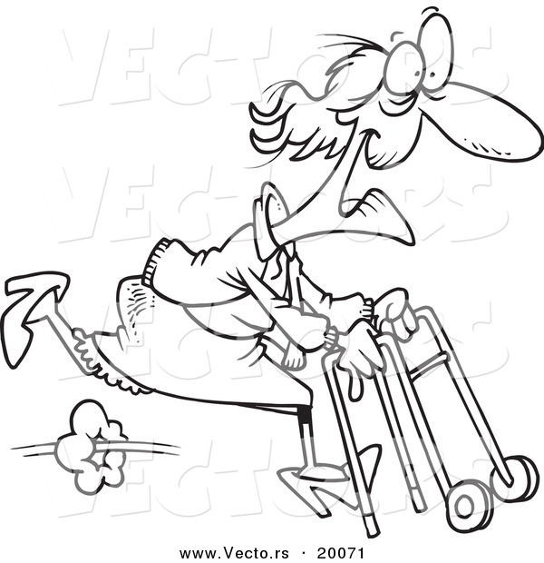 Vector of a Cartoon Feisty Granny Running with a Walker - Outlined Coloring Page