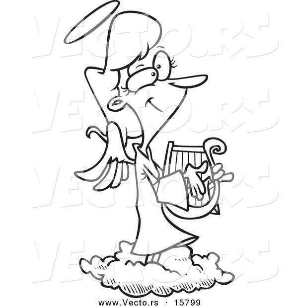 Vector of a Cartoon Female Angel Playing a Lyre - Outlined Coloring Page Drawing