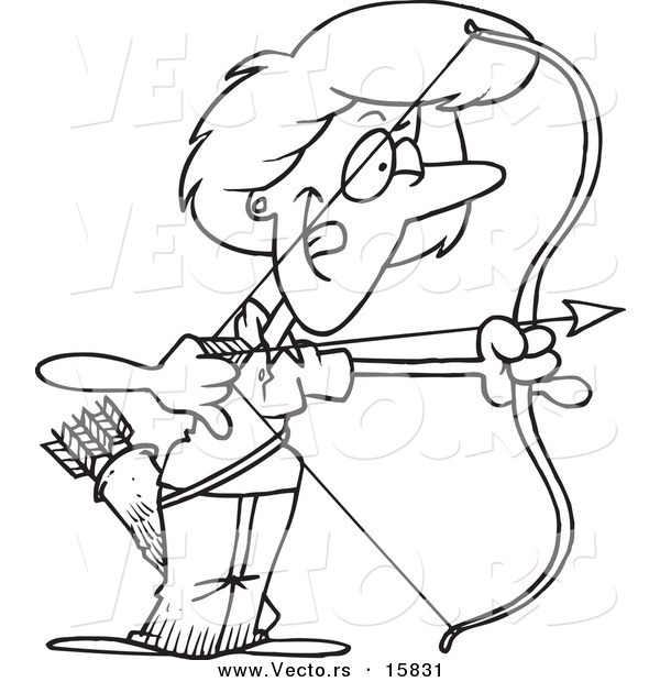 Vector of a Cartoon Female Archer Aiming - Outlined Coloring Page Drawing