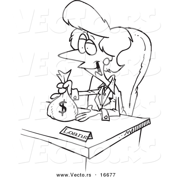 Vector of a Cartoon Female Banker Giving a Loan - Outlined Coloring Page Drawing