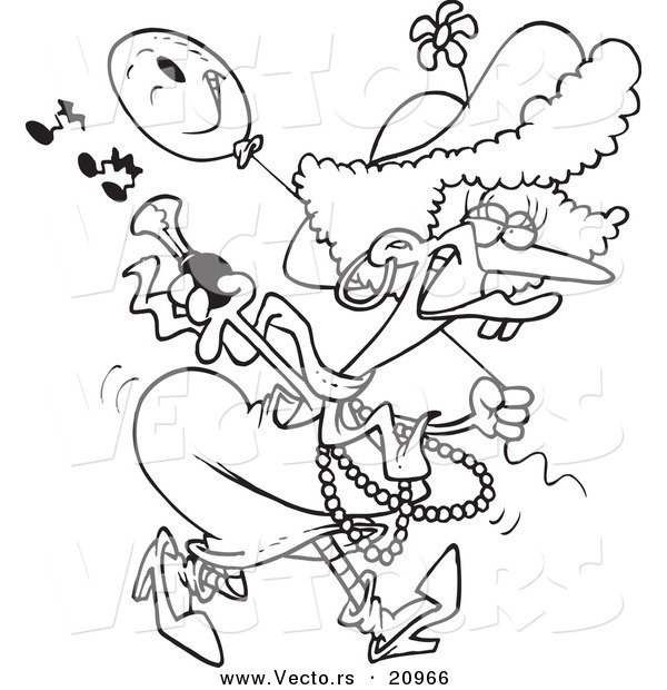 Vector of a Cartoon Female Clown with a Horn - Coloring Page Outline