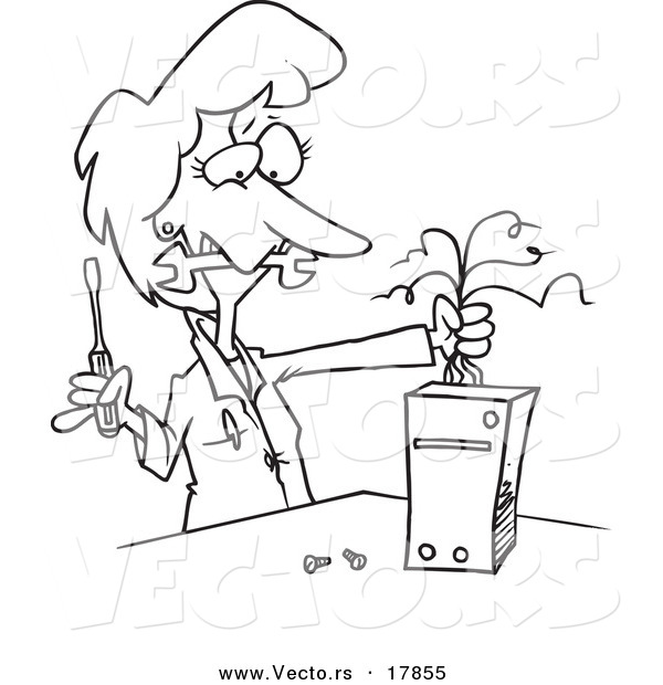 Vector of a Cartoon Female Computer Technician - Outlined Coloring Page