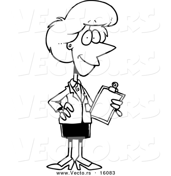Vector of a Cartoon Female Executive Holding a Clipboard - Outlined Coloring Page Drawing