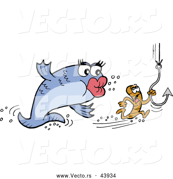 Vector of a Cartoon Female Fish Chasing a Small Male Worm on a Hook
