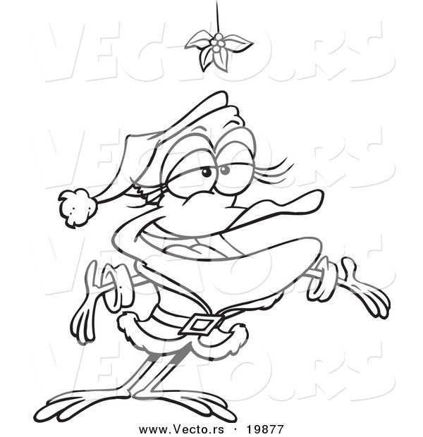 Vector of a Cartoon Female Frog in a Santa Suit Under Mistletoe - Outlined Coloring Page