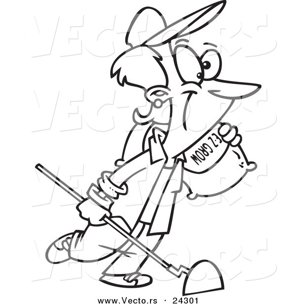 Vector of a Cartoon Female Gardener with Fertilizer Black and White Outline - Outlined Coloring Page