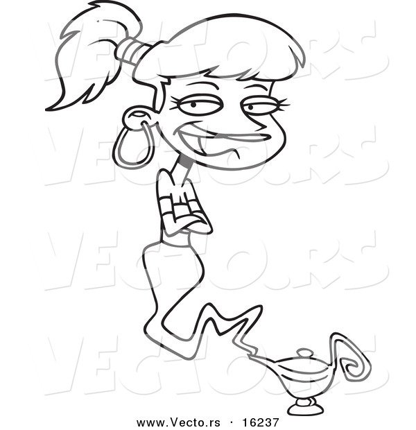 Vector of a Cartoon Female Genie Emerging from a Lamp - Outlined Coloring Page Drawing