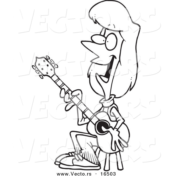 Vector of a Cartoon Female Guitarist Sitting on a Stool - Outlined Coloring Page Drawing