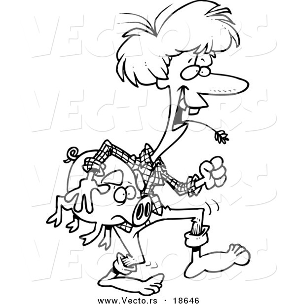 Vector of a Cartoon Female Hillbilly Carrying a Pig - Outlined Coloring Page
