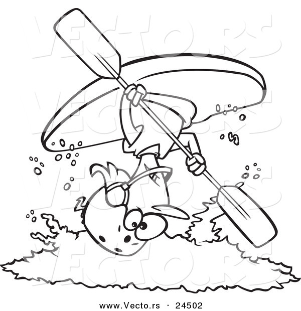 Vector of a Cartoon Female Kayaker Doing a Flip over White Water - Outlined Coloring Page