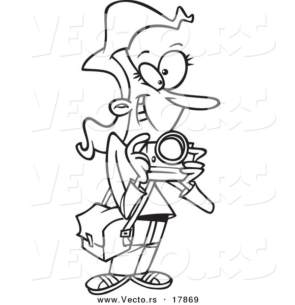 Vector of a Cartoon Female Photographer Taking Pictures - Outlined Coloring Page