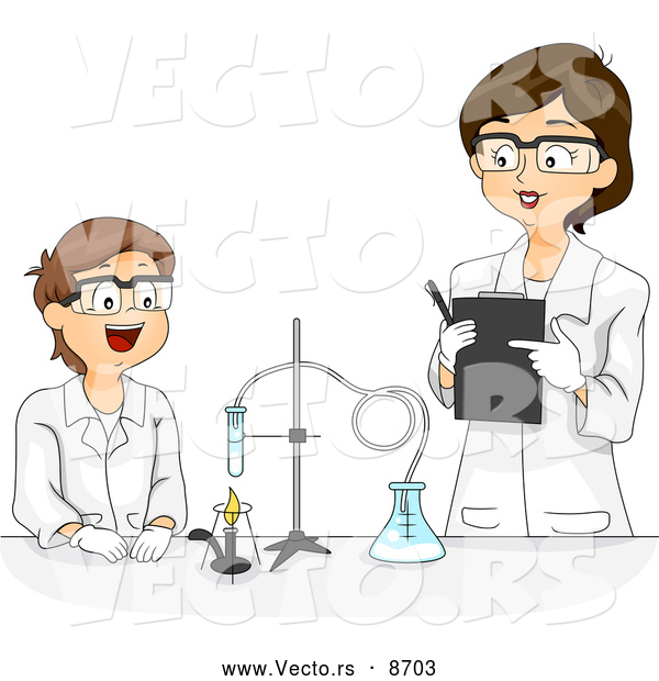 Vector of a Cartoon Female Science Teacher Working with a Happy Male Student on a Chemistry Project