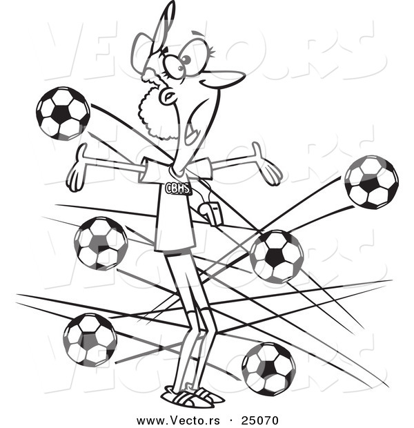 Vector of a Cartoon Female Soccer Coach with Balls Flying at Her - Outlined Coloring Page