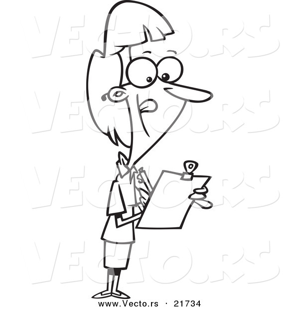 Vector of a Cartoon Female Supervisor Using a Clip Board - Outlined Coloring Page