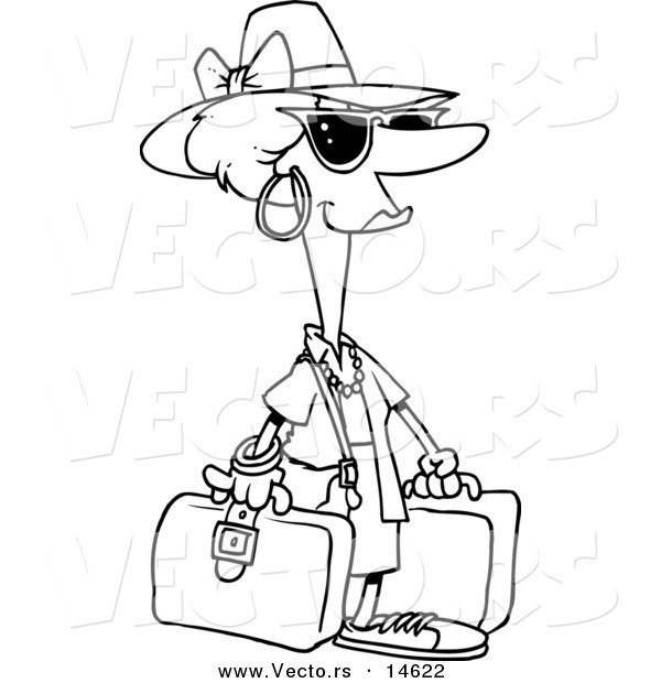 Vector of a Cartoon Female Tourist Carrying Luggage - Coloring Page Outline
