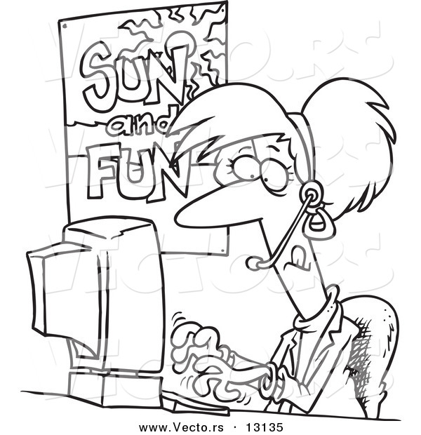 Vector of a Cartoon Female Travel Agent Booking a Vacation for a Customer - Coloring Page Outline