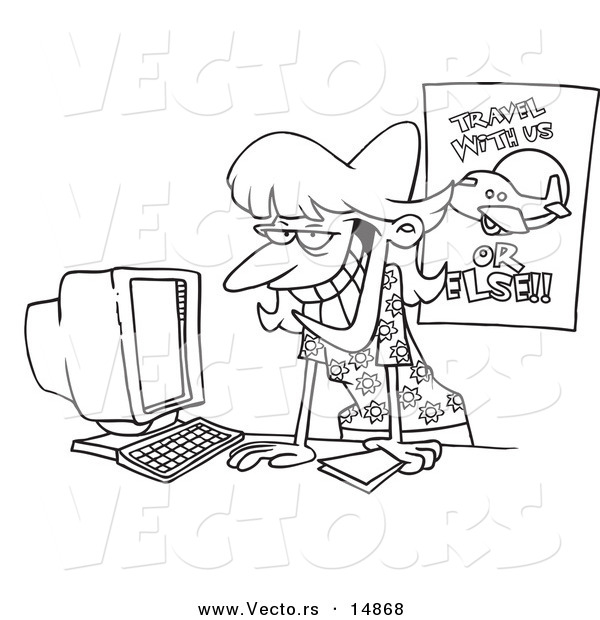 Vector of a Cartoon Female Travel Agent Grinning and Leaning over Her Desk - Coloring Page Outline
