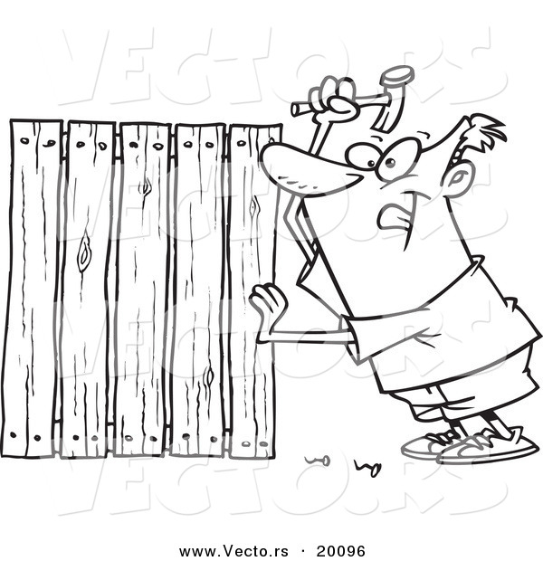 Vector of a Cartoon Fencer Nailing Boards - Outlined Coloring Page