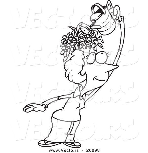 Vector of a Cartoon Fertile Woman Watering the Flowers on Her Head - Outlined Coloring Page
